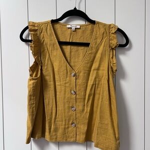 Madewell Linen Mustard Button-Down Ruffle Sleeve Top